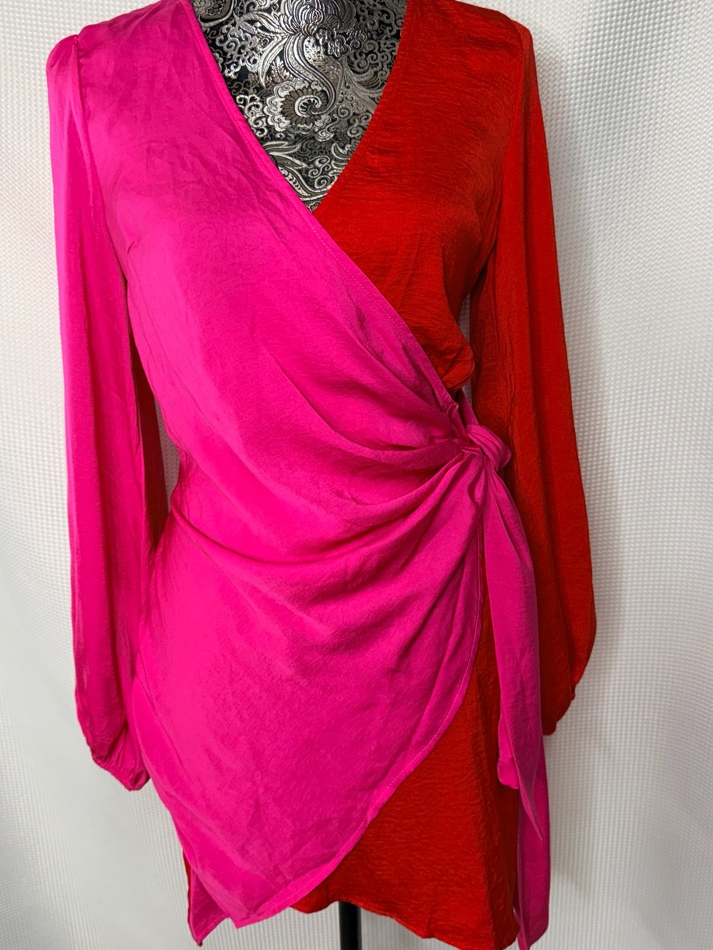 Lilly’s Kloset Colorblock Wrap Mini Dress in Hot Pink and Red